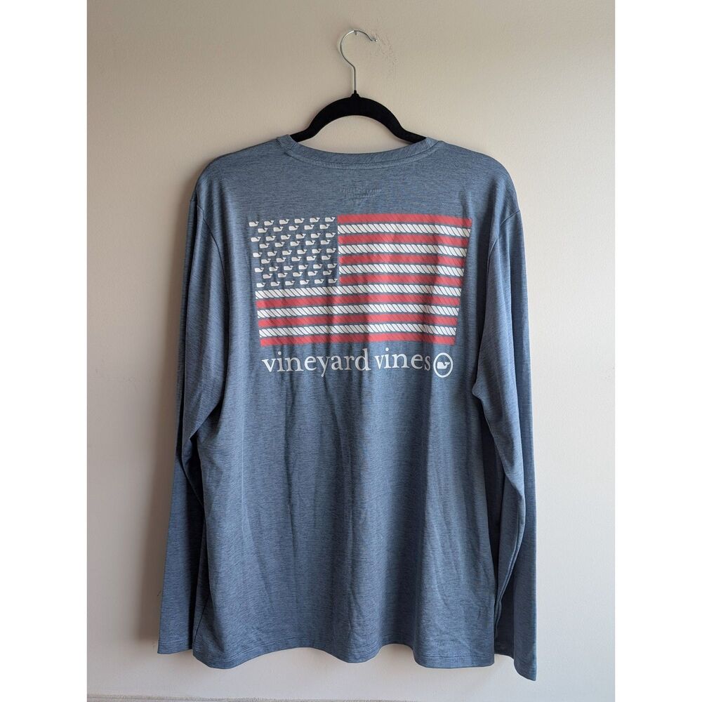 Vineyard Vines men’s light blue performance long sleeve, Americana American flag